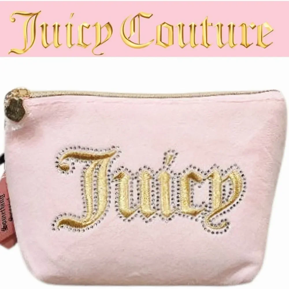 Juicy Couture Gold Signature Logo‎ Embossed Rhinestone Velour Cosmetic Pouch